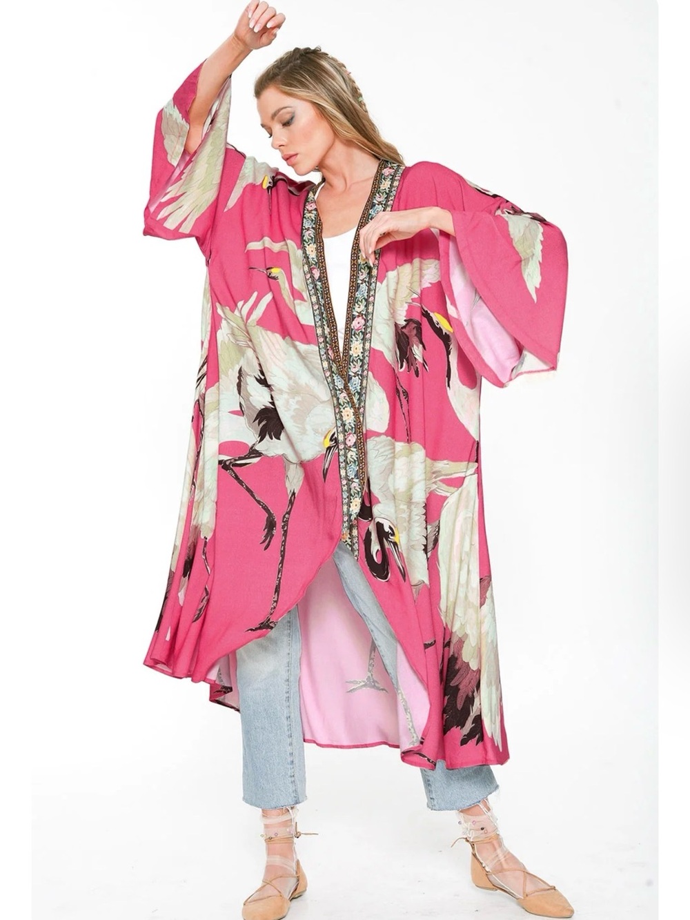 Aratta Story Of The Crane Pink Crane-Print Kimono Robe, NWT
